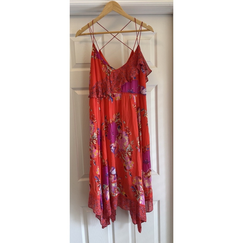 Maeve Midi Dress Womens 6 Orange Floral Paisley Ruffle Handkerchief Hem Boho